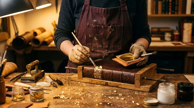 Bookbinder applying gold leaf to antique leather-bound book in workshop