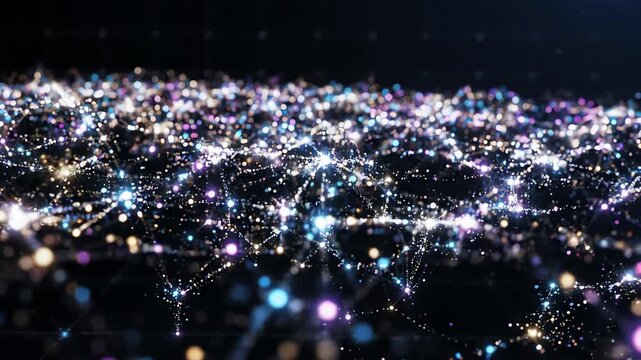 Abstract digital motion graphics showing glowing particles and lines connecting in a dark space representing the global creator economy network