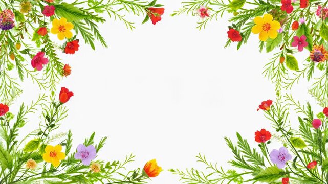 Vibrant floral border with colorful flowers and greenery on a white background. Ideal for invitations, greeting cards, and decorative designs
