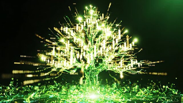 Abstract motion graphics of glowing green light particles and data streams representing environmental financial growth and climate investment