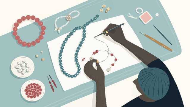 A person creating jewelry on a worktable with beads and tools, crafting a beautiful piece of handmade jewelry with precision and care