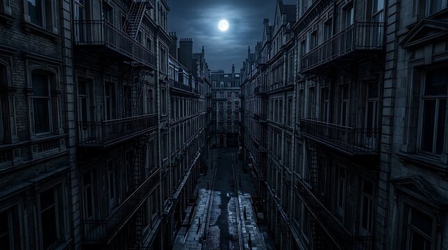 Dark narrow city street under a glowing full moon at night