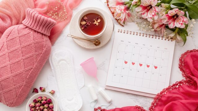 Flat lay of period care essentials with calendar, menstrual cup, pad, tampons, hot water bottle, tea, flowers and pink lingerie for cycle comfort