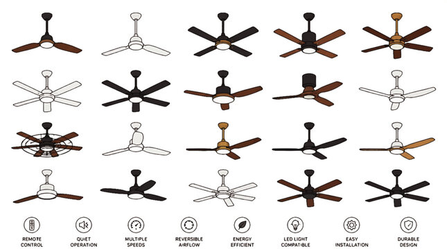 Vector icon set of various ceiling fan designs in balanced linework style for interior decoration and architectural plans.