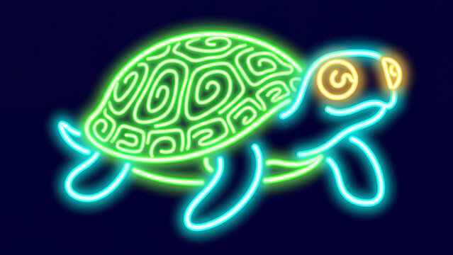 Glowing neon turtle outline in green and yellow on a dark surface