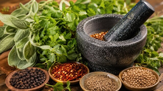 Stone mortar and pestle surrounded by fresh herbs and bowls of whole spices on a wooden table