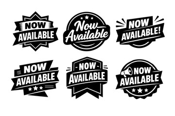 Obraz premium Now available badges and stickers set, offering product launch, sale, and promotion vector icons for marketing campaigns