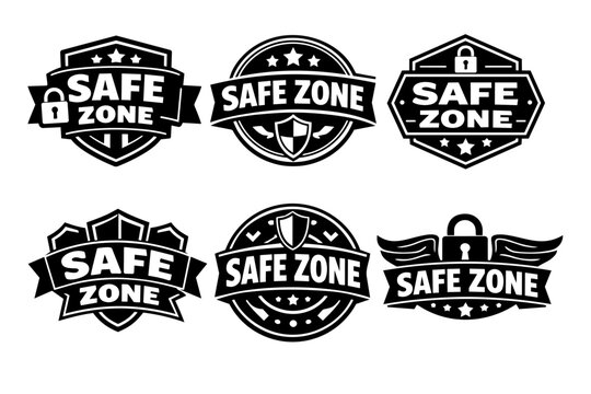 Safe zone badges set offering security and protection with shields, locks, and star emblems