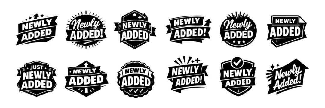 Newly added labels and badges collection presenting concept of new arrival, product announcement, or recent update
