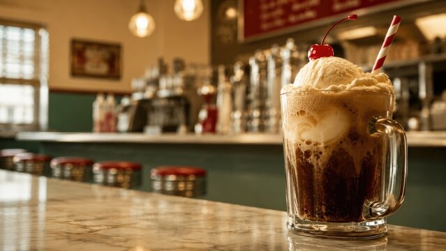 Root beer float in a glass mug with vanilla ice cream, cherry, and striped straw on a marble diner counter in a retro soda fountain setting