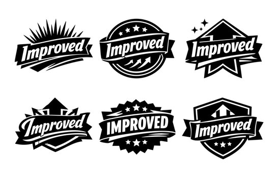 Improved labels and badges showing a range of designs with stars and arrows, indicating product enhancements and quality