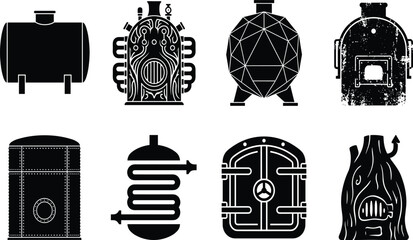 Industrial brewing boilers and steampunk machinery vector stencil set featuring pressure tanks heating coils riveted silos and distressed vintage furnaces © MdShoriful