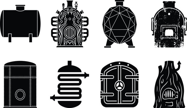 Industrial brewing boilers and steampunk machinery vector stencil set featuring pressure tanks heating coils riveted silos and distressed vintage furnaces