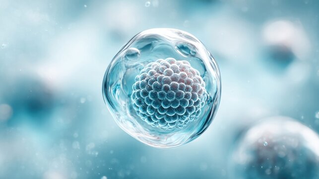 Microscopic view of a dividing cell cluster, representing early embryonic development and cellular growth