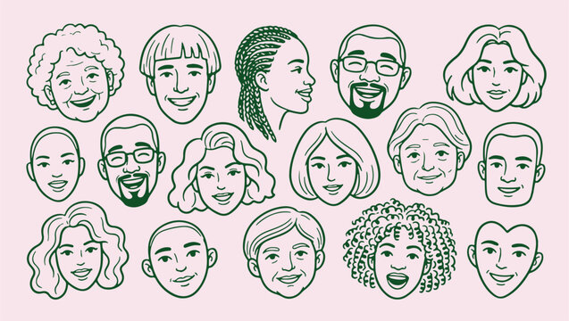 diverse community faces, social human portrait, global society characters, inclusive people pattern, multicultural friendship icons, group identity background, hand drawn people, expressive facial col