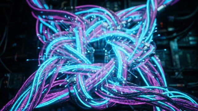 Tangled glowing neon fiber optic cable bundle and blue wire weave complex knot within futuristic server, showcasing intricate digital network connection with intense energy