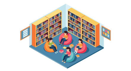 Kids studying on beanbag chairs in a library with bookshelves © Entung