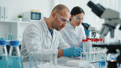 Fototapeta premium Scientists examining samples under microscopes