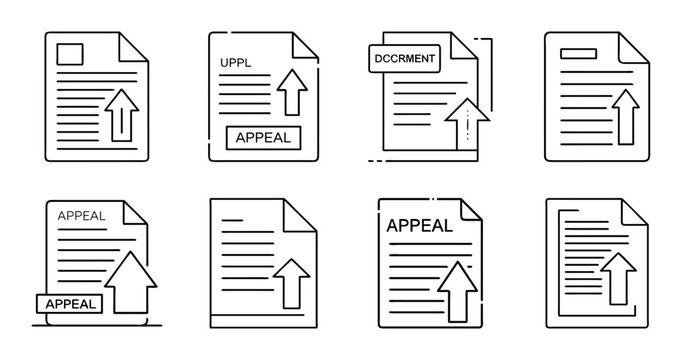 Document icons with upload and appeal symbols - Set of flat vector icons showing documents with upload and appeal actions, perfect for web and app design.