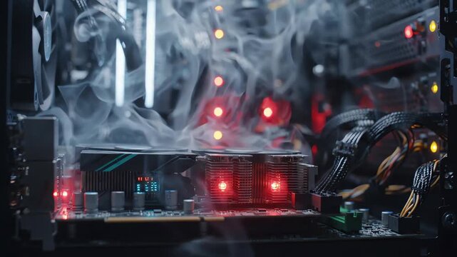 Cinematic close up of glowing computer hardware components with flickering red warning lights and atmospheric smoke in a dark server room