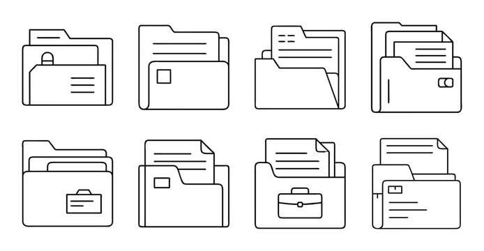 Flat folder icons with document symbols set - Minimalist vector icons of folders containing various document symbols in a clean, organized design style.