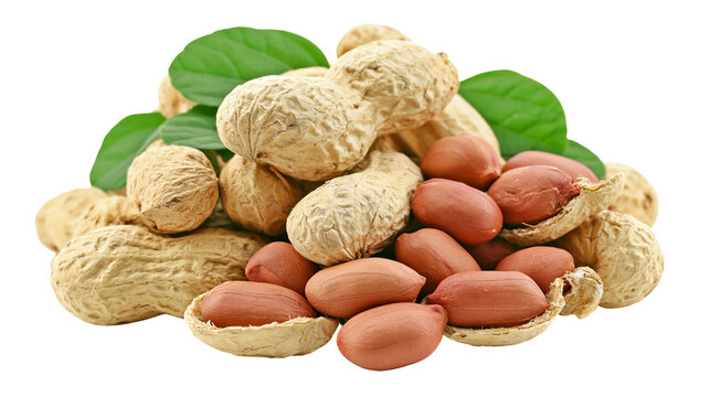 Pile of unshelled and shelled peanuts with green leaves