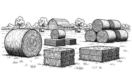 Rural farm landscape with hay bales and barn in line art style © Entung