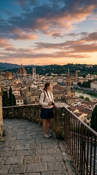 Young female traveler admiring a historic european city at sunset