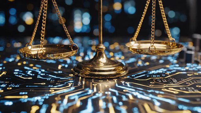 Cinematic close up of golden justice scales balancing on a futuristic metallic circuit board surface with moving digital light patterns