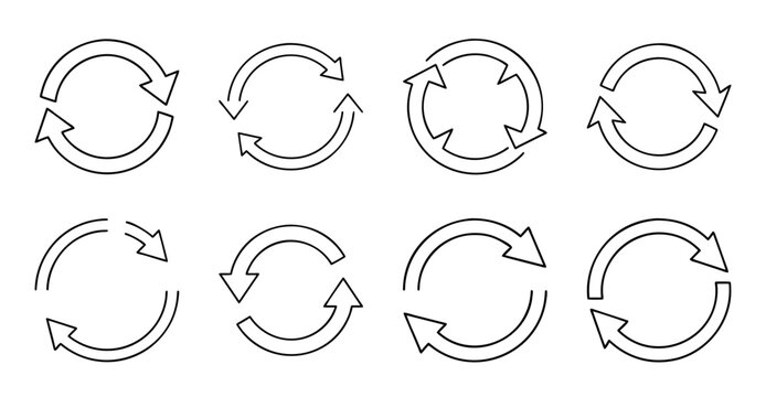 Simple circular arrows showing rotation directions - Minimalist vector icons of circular arrows illustrating clockwise and counterclockwise rotation directions.