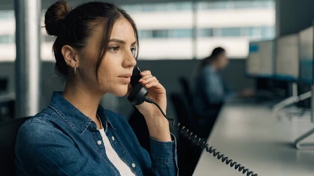 Medium shot of a call center specialist explaining appeal options over the phone with a blurred multimonitor setup emphasizing attentive support.