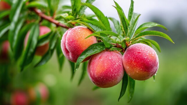 Ripe peaches with water droplets hanging from a tree branch in soft natural light