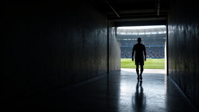 Silhouette of a soccer player walking from a dark tunnel onto a bright pitch