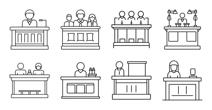 Various judges and clerks at wooden benches in courtroom - Set of diverse courtroom figures seated at wooden benches, including judges, clerks, and defendants in a professional setting.
