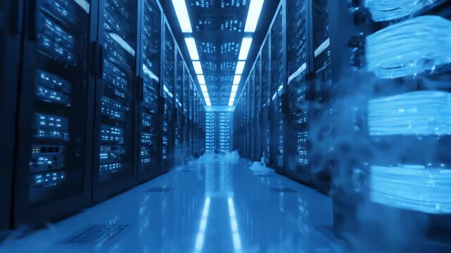 Cinematic dolly shot through a modern data center with glowing blue lights representing cybersecurity legislation and privacy compliance