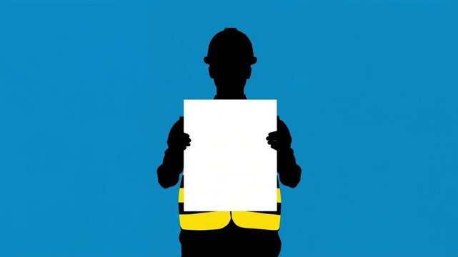 Construction worker silhouette holding a blank white sign for messaging in this professional digital video animation motion graphic clip