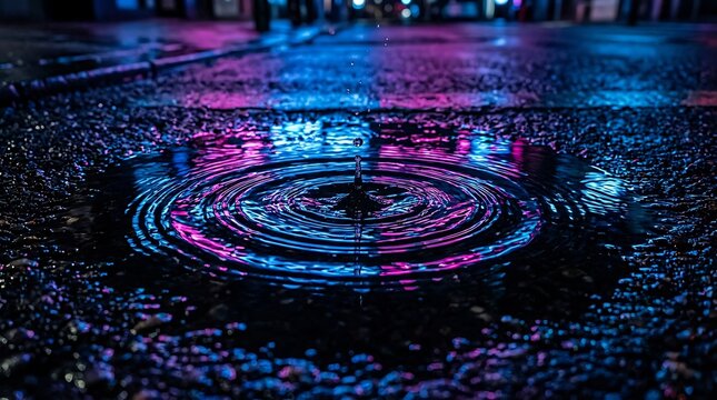 Raindrop ripples in a neon lit puddle on a dark night street