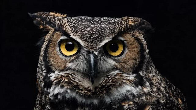 Great Horned Owl close-up portrait showing detailed facial feathers and piercing yellow eyes against a dark background