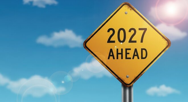 A yellow road sign with 2027 ahead written on it illustration