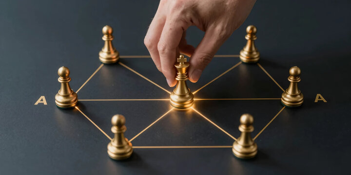 Leadership Strategy Concept with Crystal Chess Pawns on Golden Connected Network