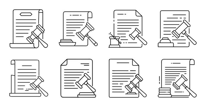 Flat design document icons with editing tools - Set of eight minimalist document icons showing edit, print, and share actions in clean vector style