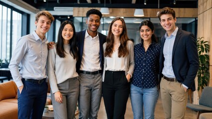 Fototapeta premium Six smiling young professionals in business casual posing together in a modern office, conveying teamwork and workplace camaraderie