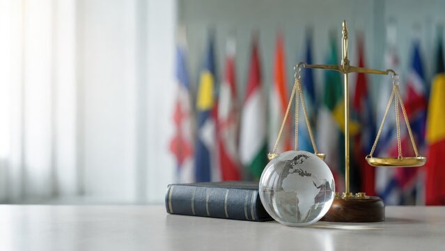 Scales of justice beside a law book and glass globe with blurred international flags in background