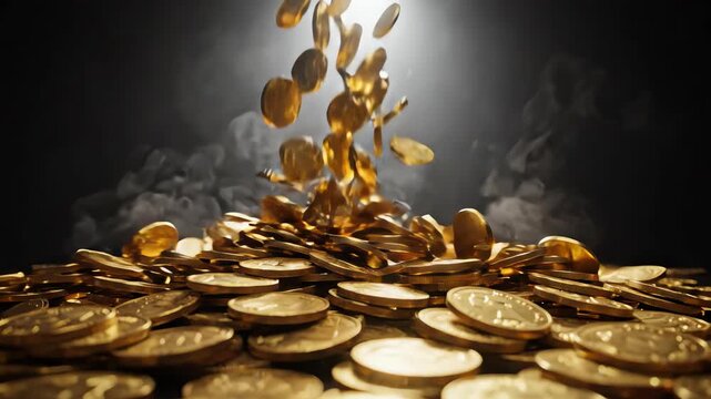Cinematic slow motion shot of blank gold coins falling and tumbling through dark space depicting unstable financial assets and market crashes