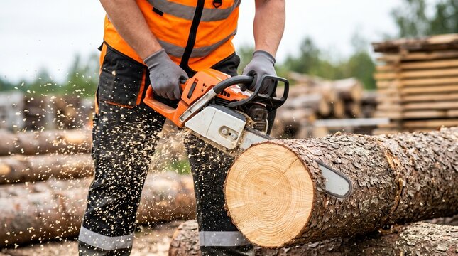 Lumberjack cutting a large log with a chainsaw in a forest clearing