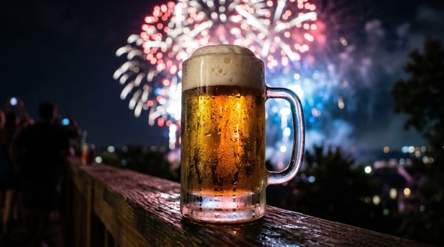 Cold beer mug with frothy head on wooden railing with fireworks display in night sky