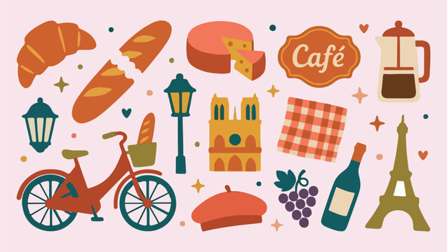 french cafe bistro, traditional bread cheese, city street lamp, cute bicycle illustration, parisian lifestyle pattern, cozy food background, hand drawn travel, charming european scene
french, cafe, bi