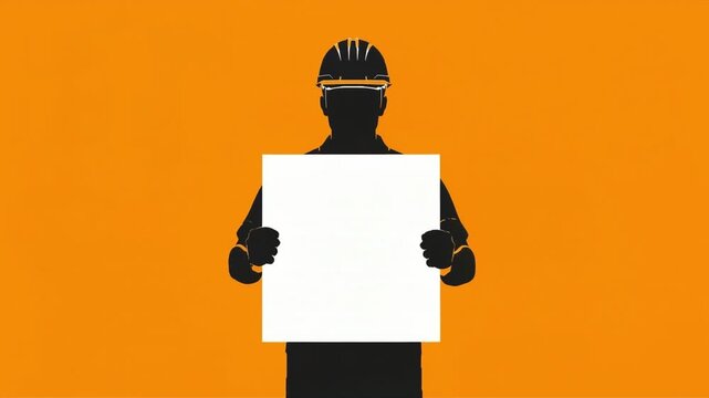 Construction worker silhouette holding a blank white sign for advertisement on an orange background in this digital animation video