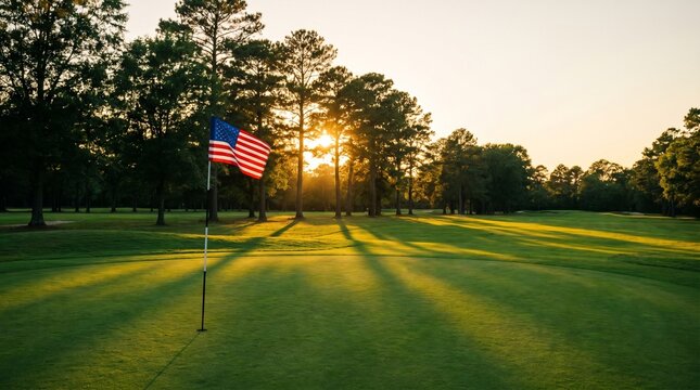 American flag on a golf course at sunset, celebrating freedom and the beauty of the game