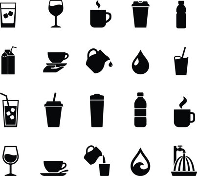 Beverage and liquid drink icon silhouette set with beverage refreshment container drinkware